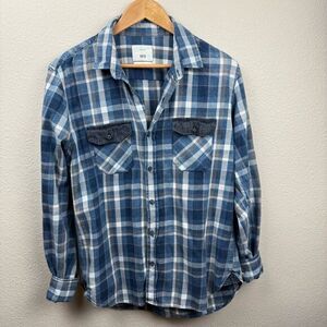 Original Denim Mens Plaid Button Down Flannel Shirt Size XL Blue Grunge Western